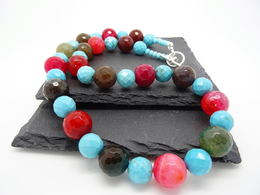 Rainbow Faceted Agate and Faceted Turquoise Necklace