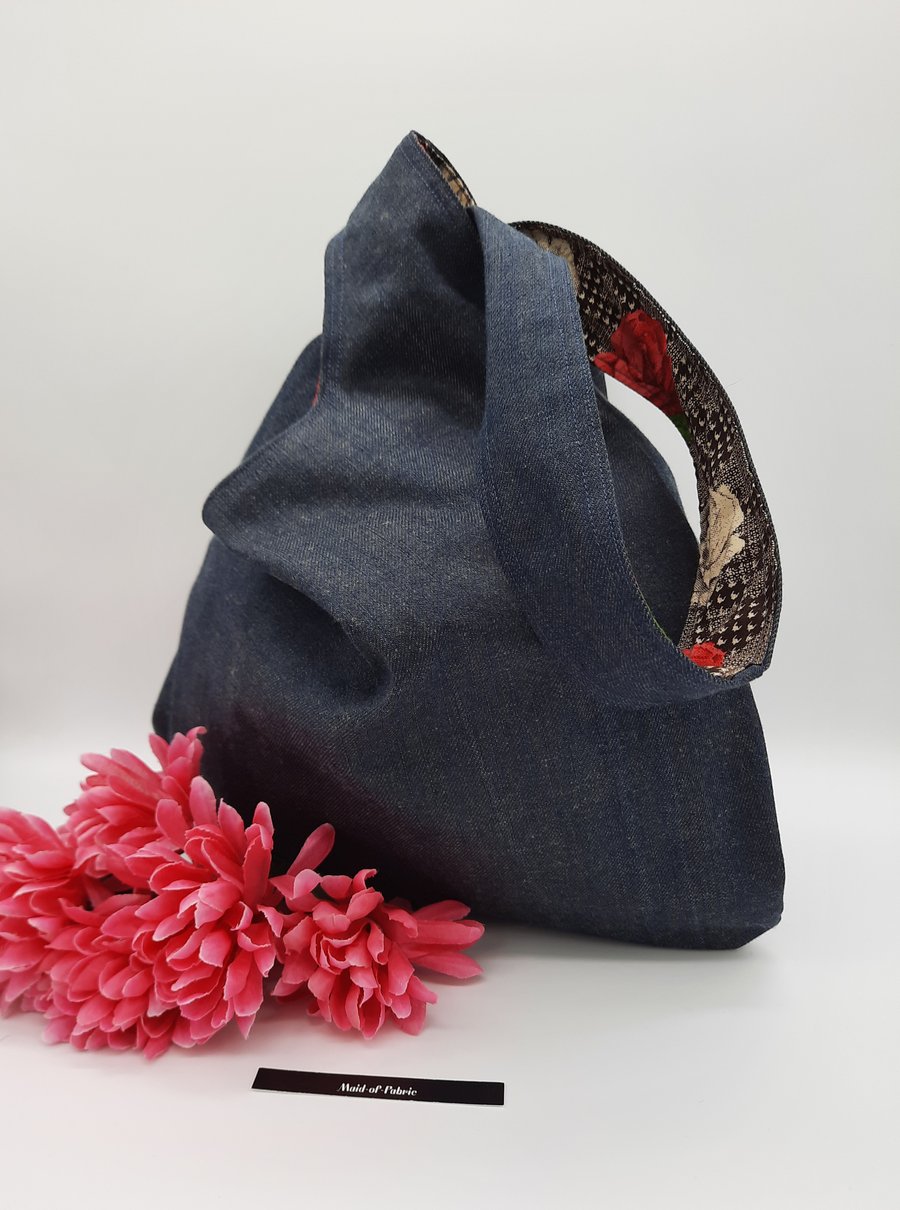 Japanese knot bag,  medium shoulder bag,  denim with rose lining.