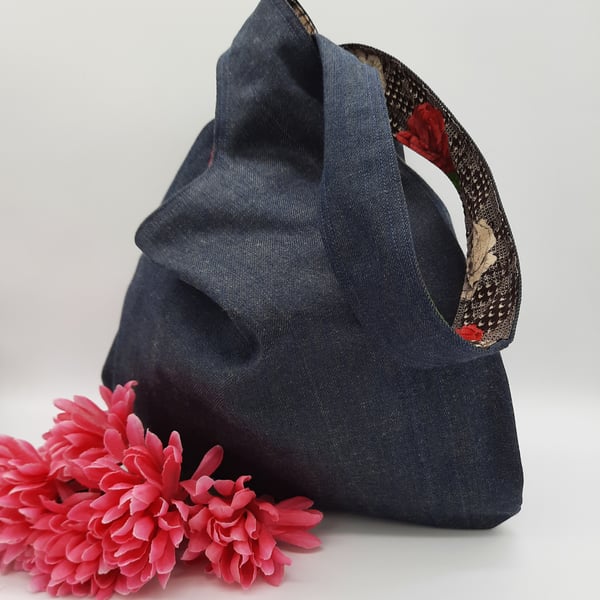 Japanese knot bag,  medium shoulder bag,  denim with rose lining.