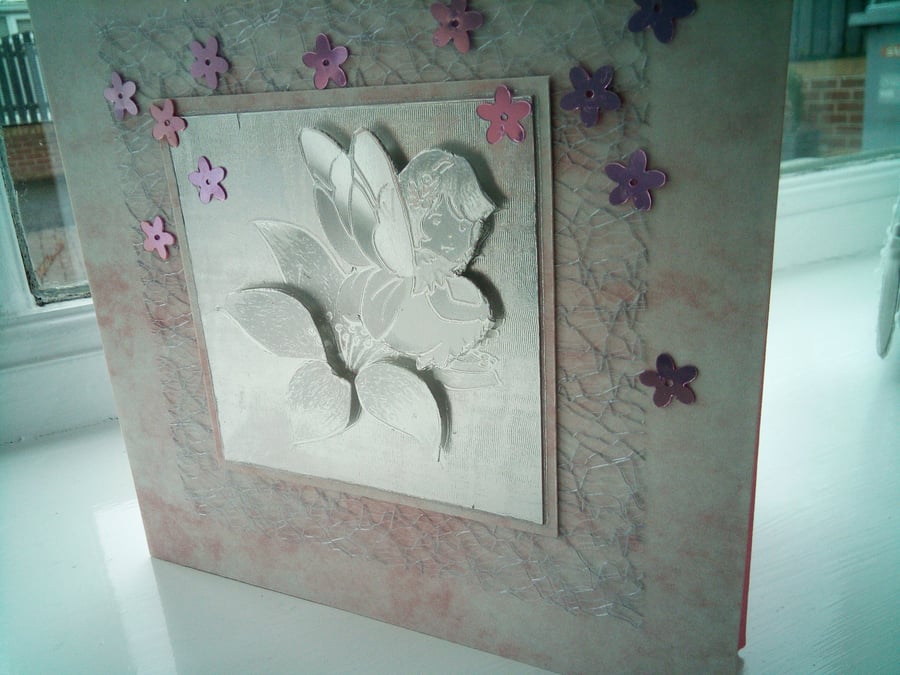 Cute fairy decoupage on orchid birthday card