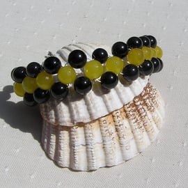 Black Onyx & Yellow Agate Gemstone Woven Beaded Chakra Bracelet "Yeira"