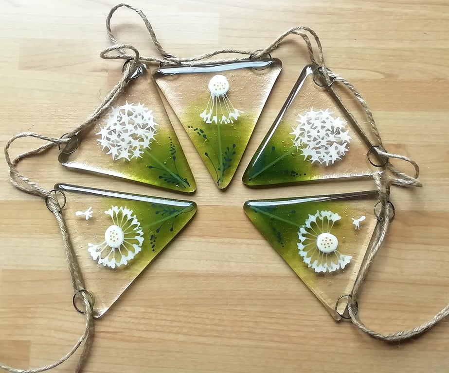Hand Drawn Dandelion Glass Bunting: Garden Decor