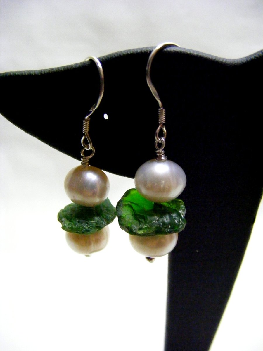 Cultured Pearl and Precious Emerald Earrings