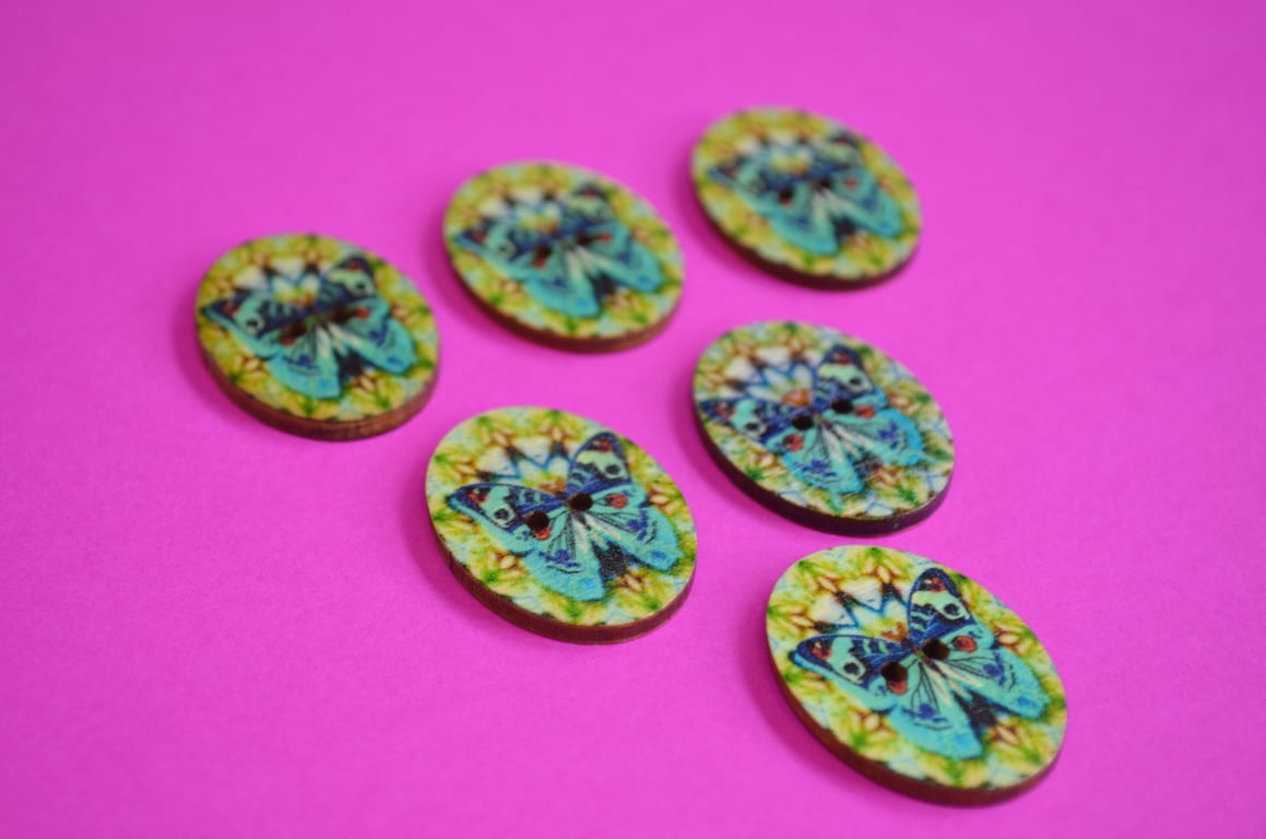 Wooden Oval Butterfly Buttons Colourful Kaleidoscope Blue Green 6pk 30x22mm (OB7