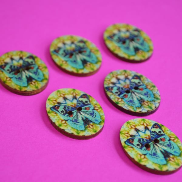 Wooden Oval Butterfly Buttons Colourful Kaleidoscope Blue Green 6pk 30x22mm (OB7