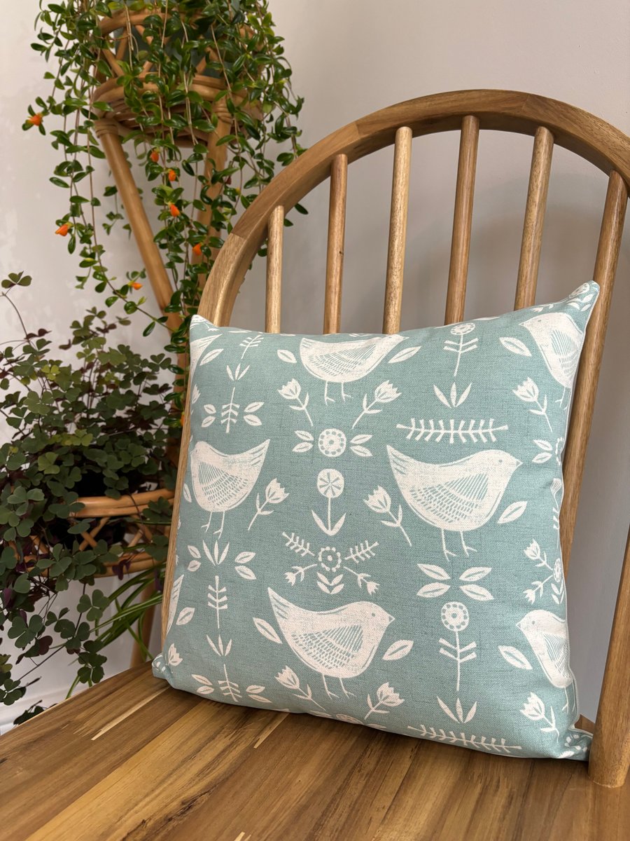 Cushion cover with a Scandi bird and flower print in seafoam, 36cm x 36cm
