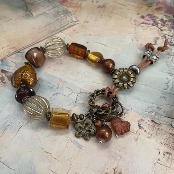 Amber Glass Beaded Bracelet with Toggle Clasp, Earth Tone Charm Bracelet, Autumn