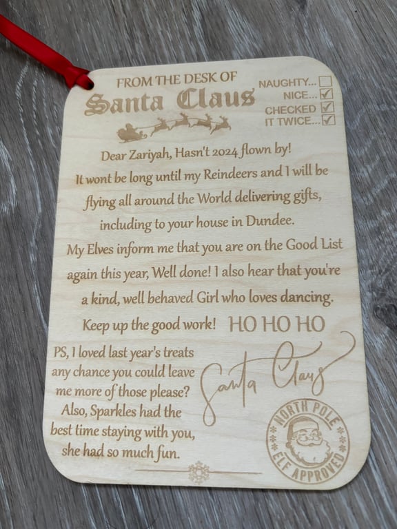 Personalised letter from Santa, wooden engraved 
