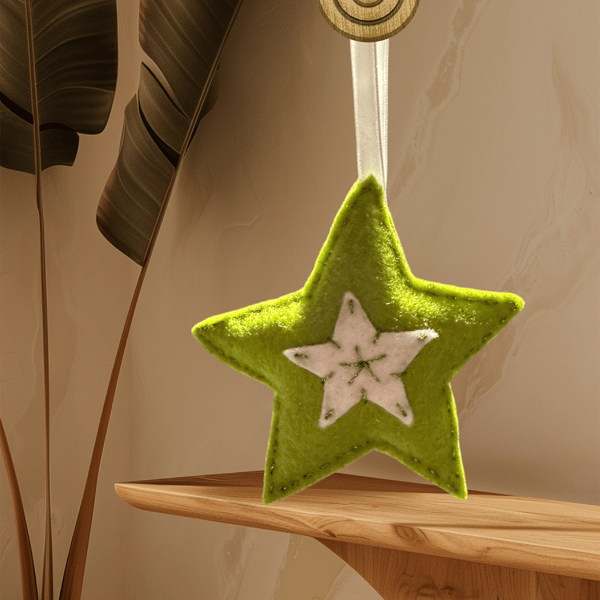 A star tree decoration, lime green and white with shiny metallic thread
