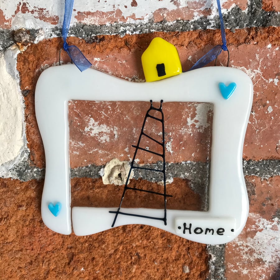 Fused glass little yellow house wall hanging, housewarming gift, frame art