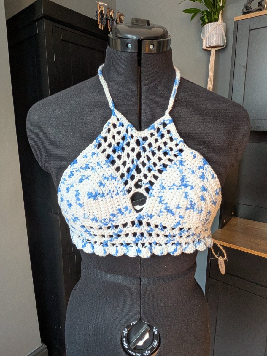 XS handmade crochet halter neck bralette top adjustable corset design fastening 