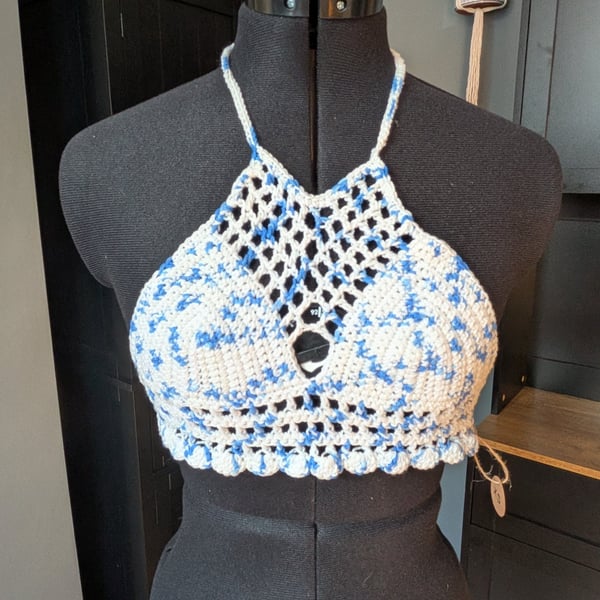 XS handmade crochet halter neck bralette top adjustable corset design fastening 