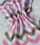 Pink white and chocolate brown, hand knitted baby blanket. - Image 2