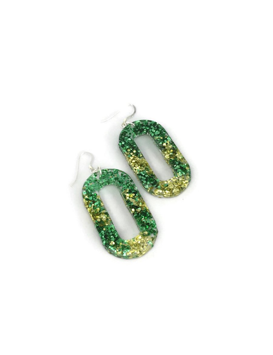 Green and gold glittery dangle earrings on sterling silver.