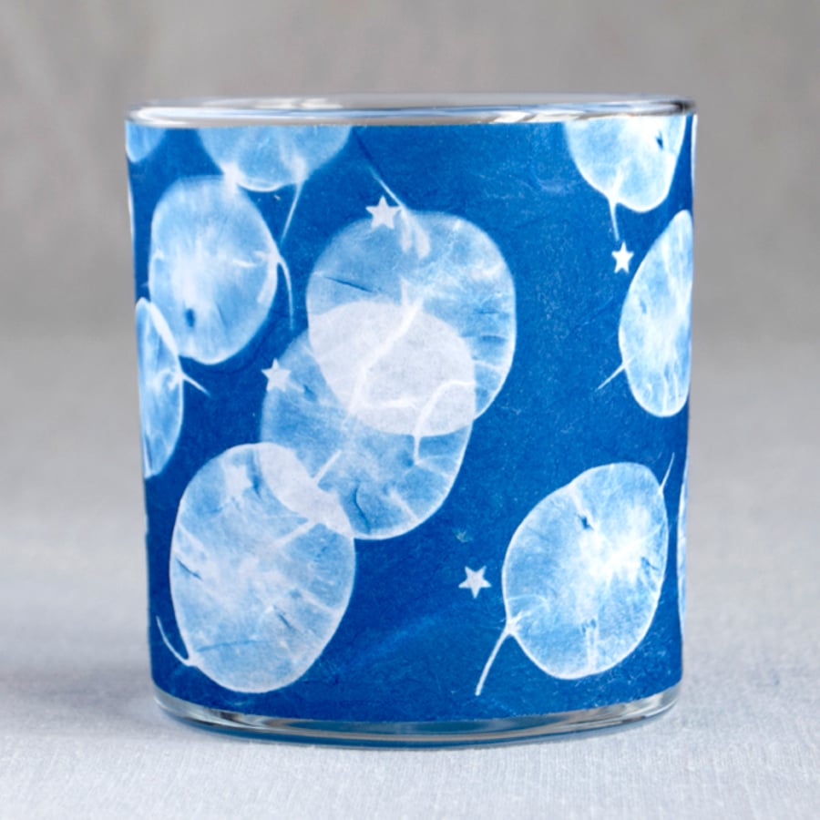 Honesty seed heads & stars cyanotype candle holder 