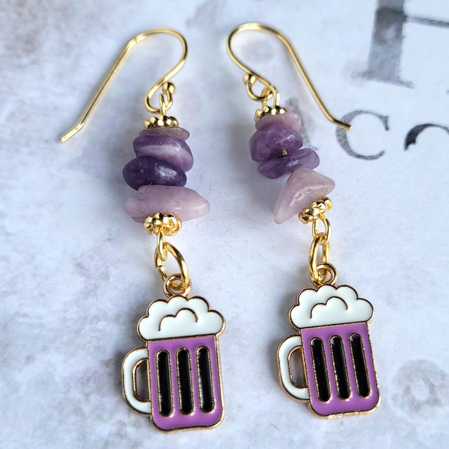 Oktoberfest Earrings, Lepidolite Gemstone Beading, Stein, Bierkrug Charms, Lilac