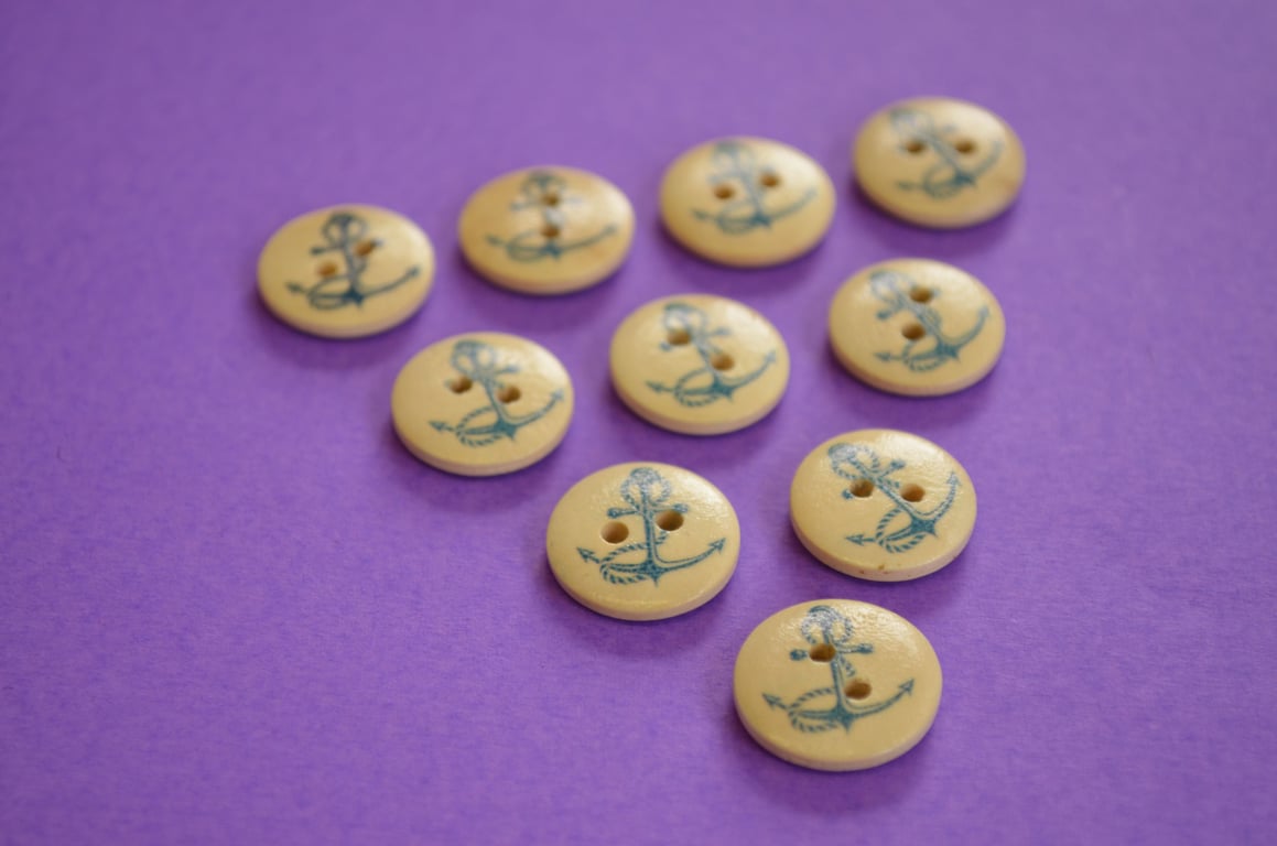 15mm Wooden Anchor Buttons 10pk Nautical Boat Sea Ship (SNT6)