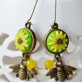 Polymer Clay Sunflower & Bumble Bee Earrings