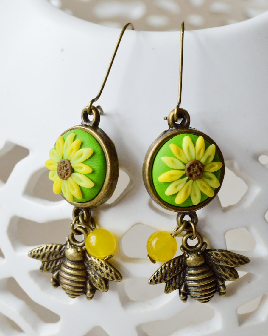 Polymer Clay Sunflower & Bumble Bee Earrings