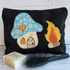 SALE Toiletry bag, wash bag with winter toadstool house and log fire scene