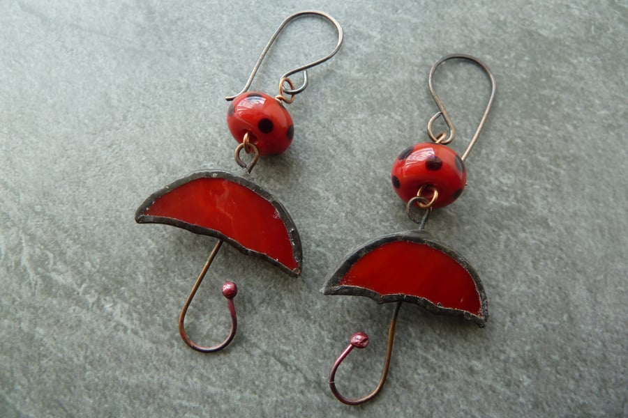 copper, red lampwork glass umbrella earrings