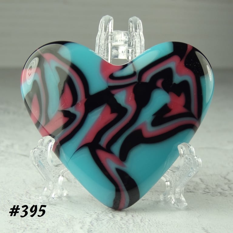 Blue pink black fused glass heart with acrylic stand, 5x4.5cm (395)