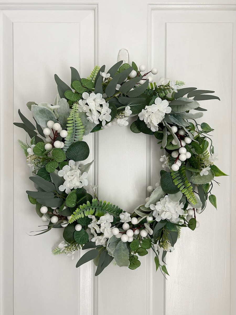 White Winter Wreath for Front Door with Eucalyptus, Berries and Hydrangeas