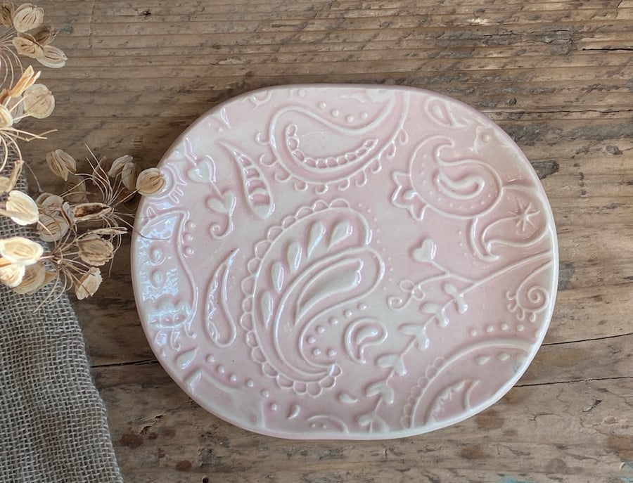 Handmade Pottery Pink Paisley Soap Dish, Trinket tray