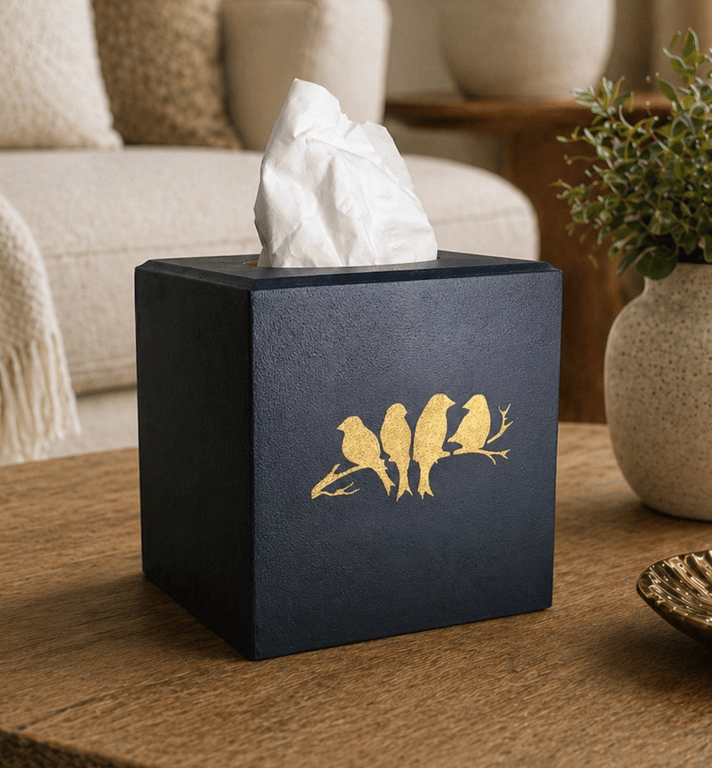 Handmade blue & gold birds on branch cube tissue box cover