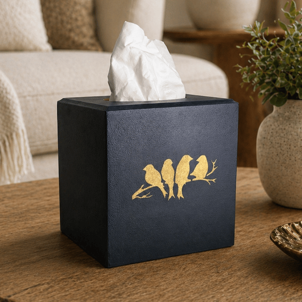 Handmade blue & gold birds on branch cube tissue box cover