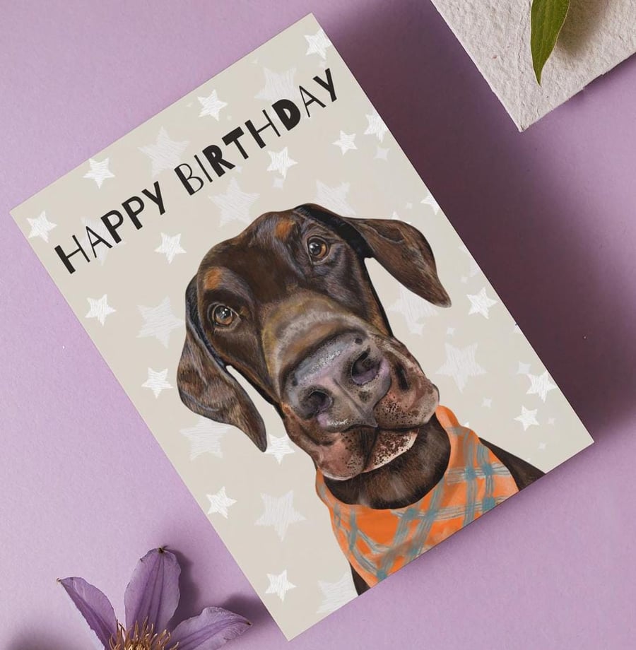 Doberman Birthday Card for Dog Lovers - 'Happy Birthday' hand drawn illustration