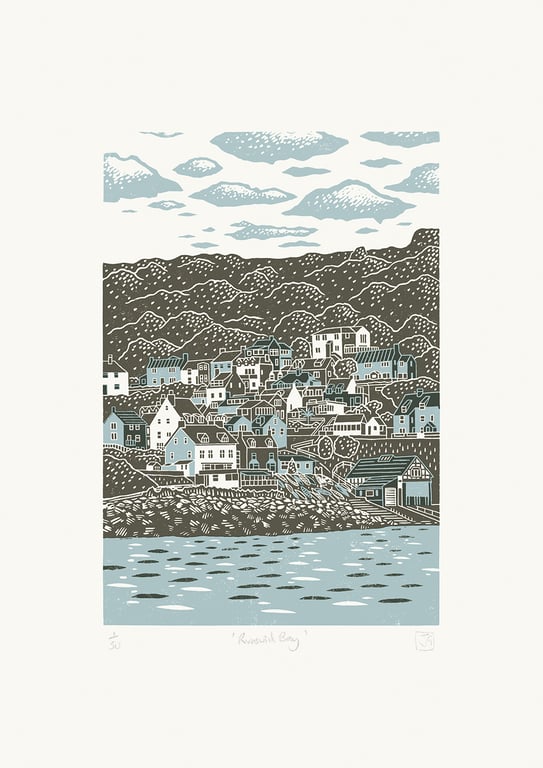Runswick Bay two-colour A3 linocut screen-print