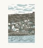 Runswick Bay two-colour A3 linocut screen-print