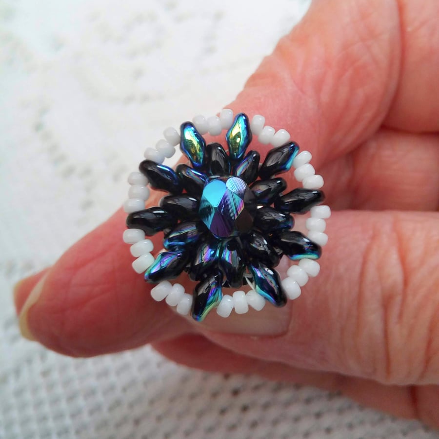 Adjustable Ring with a Hand Sewn Black and White Beaded Mandala, Gift for Her