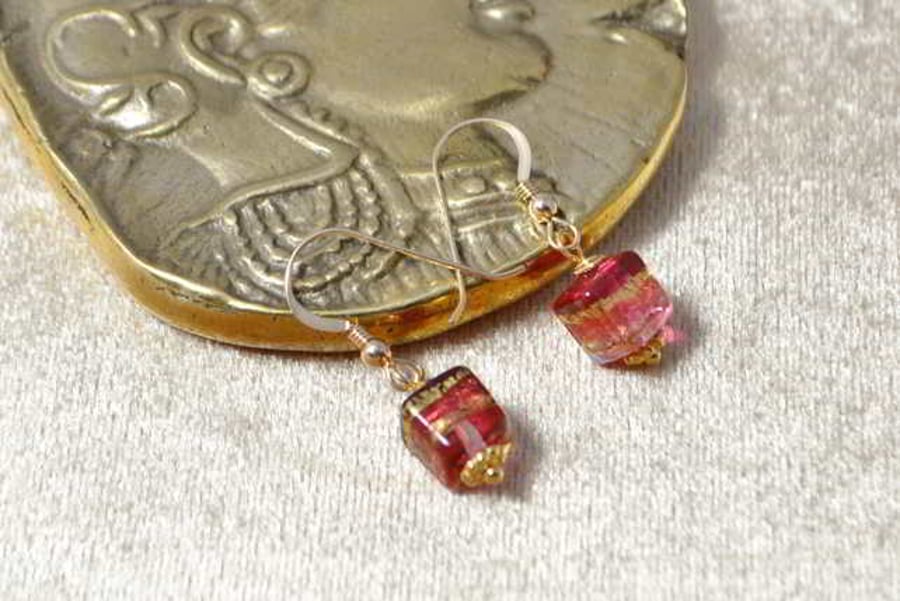 Ruby Gold Murano Glass Cube Earrings