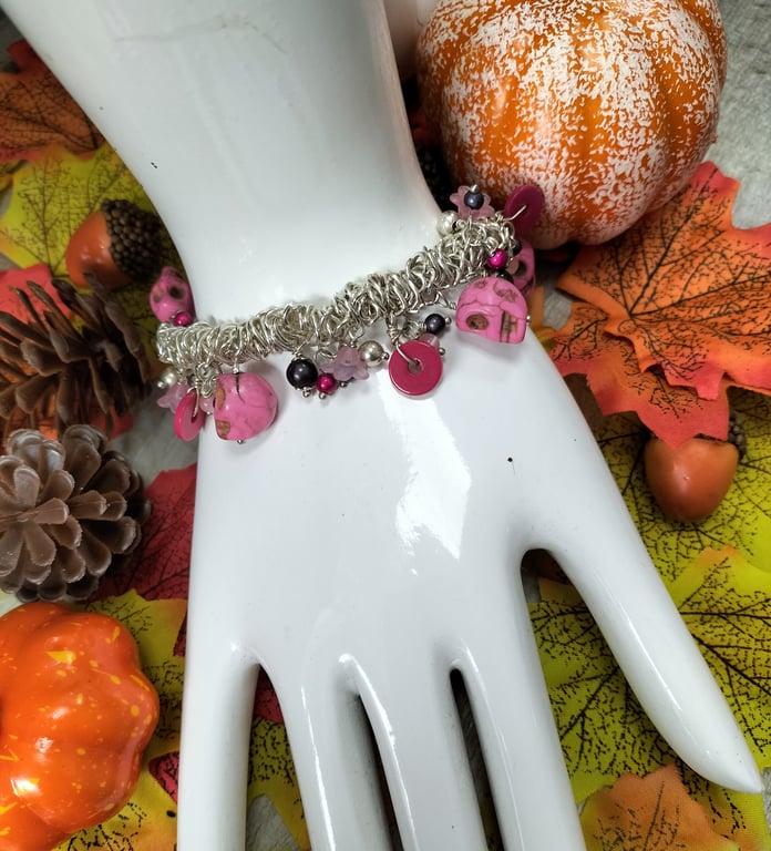 Halloween pink Howlite skull bungee bracelet