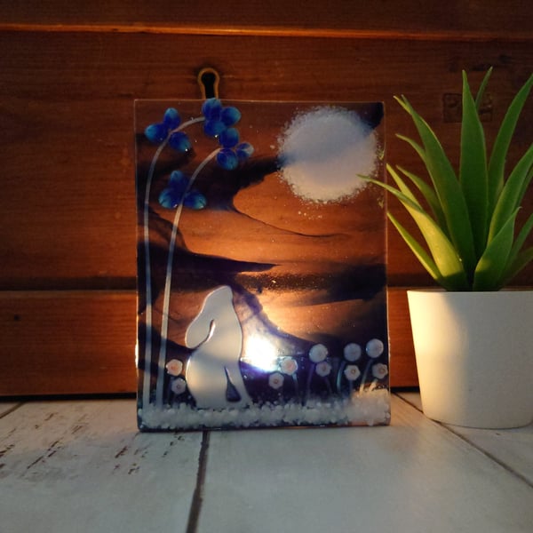 Moon Gazing Hare Tealight Holder, Unique Handmade Fused Glass Gift