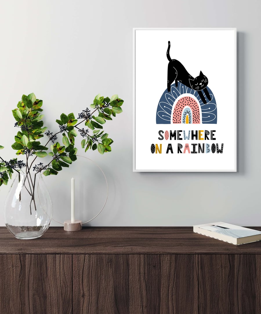 Cat on the rainbow print, gift for cat lovers, scandi art. cat print 2