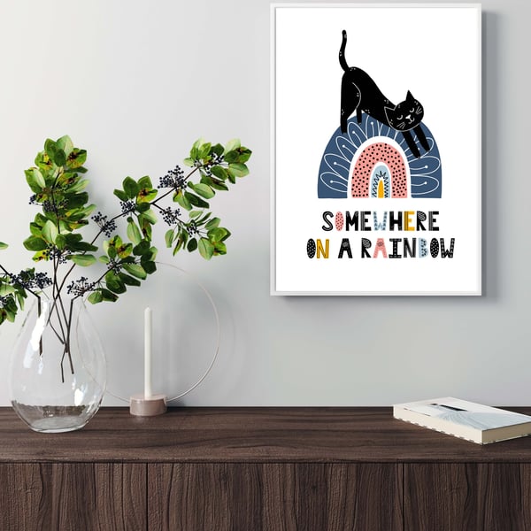 Cat on the rainbow print, gift for cat lovers, scandi art. cat print 2