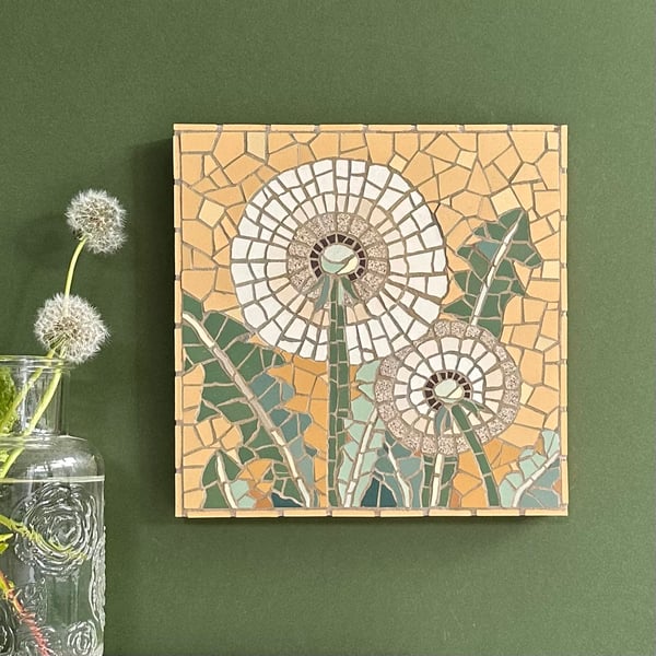 Original Floral Art - Dandelion Mosaic Plaque in Yellow
