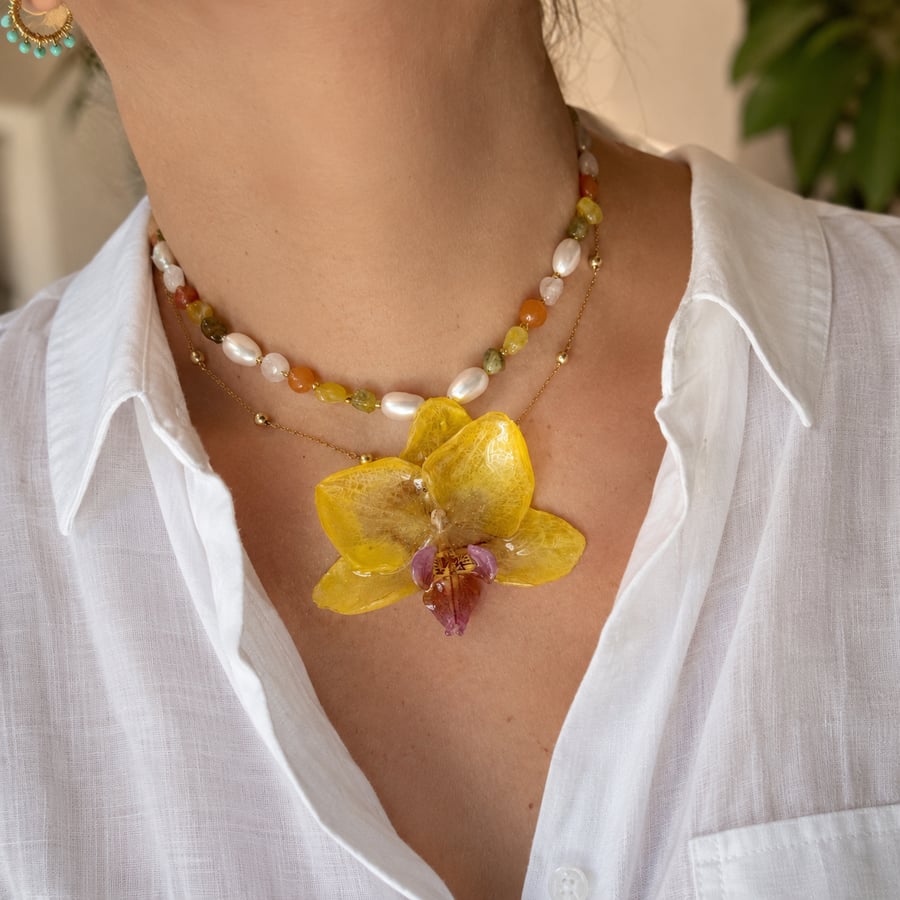 Golden Orchid Bloom Necklace  A real orchid, forever in bloom.