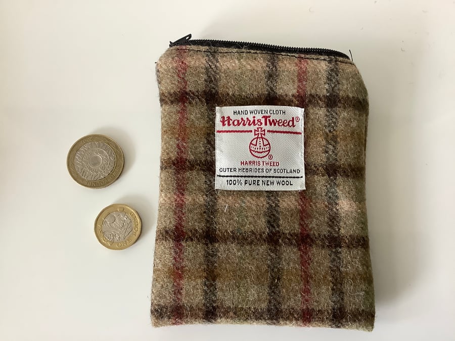 Tan with Black and Red check Harris Tweed Bag  ,Zip pouch