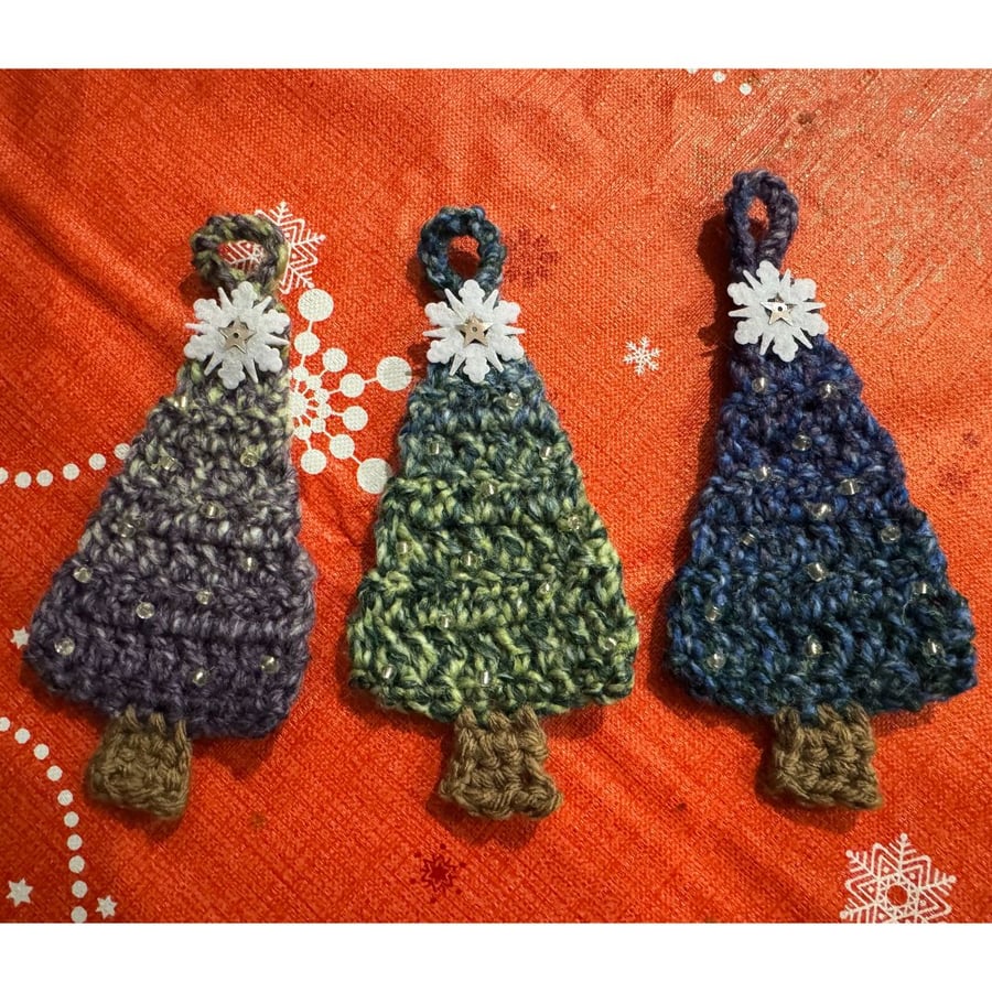 Set of Three Green, Blue and Purple Crochet Mini Christmas Trees
