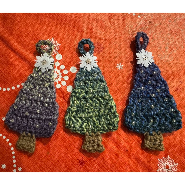 Set of Three Green, Blue and Purple Crochet Mini Christmas Trees