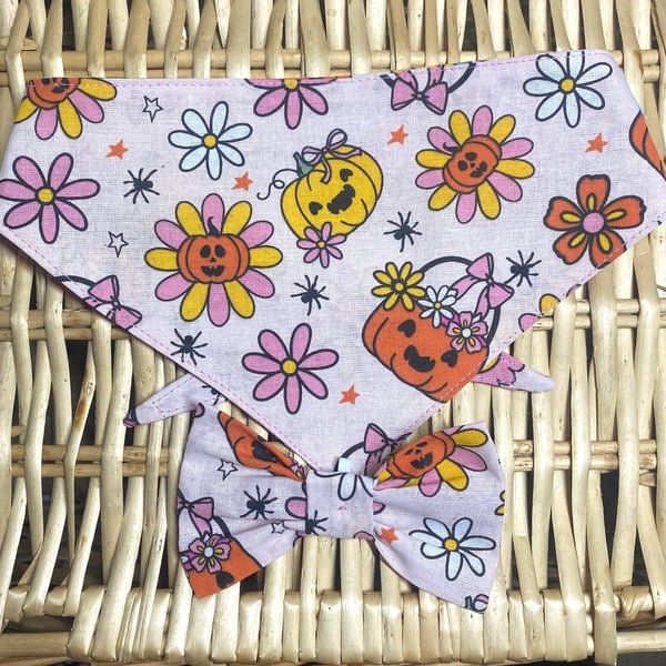Dog Bandana & Bow Set. Smiley brightly coloured pumpkins flowers spiders & stars