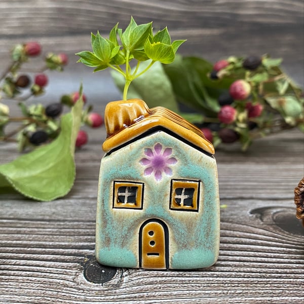 Soft Green Ceramic Mini House with Chimney - Purple Flowers
