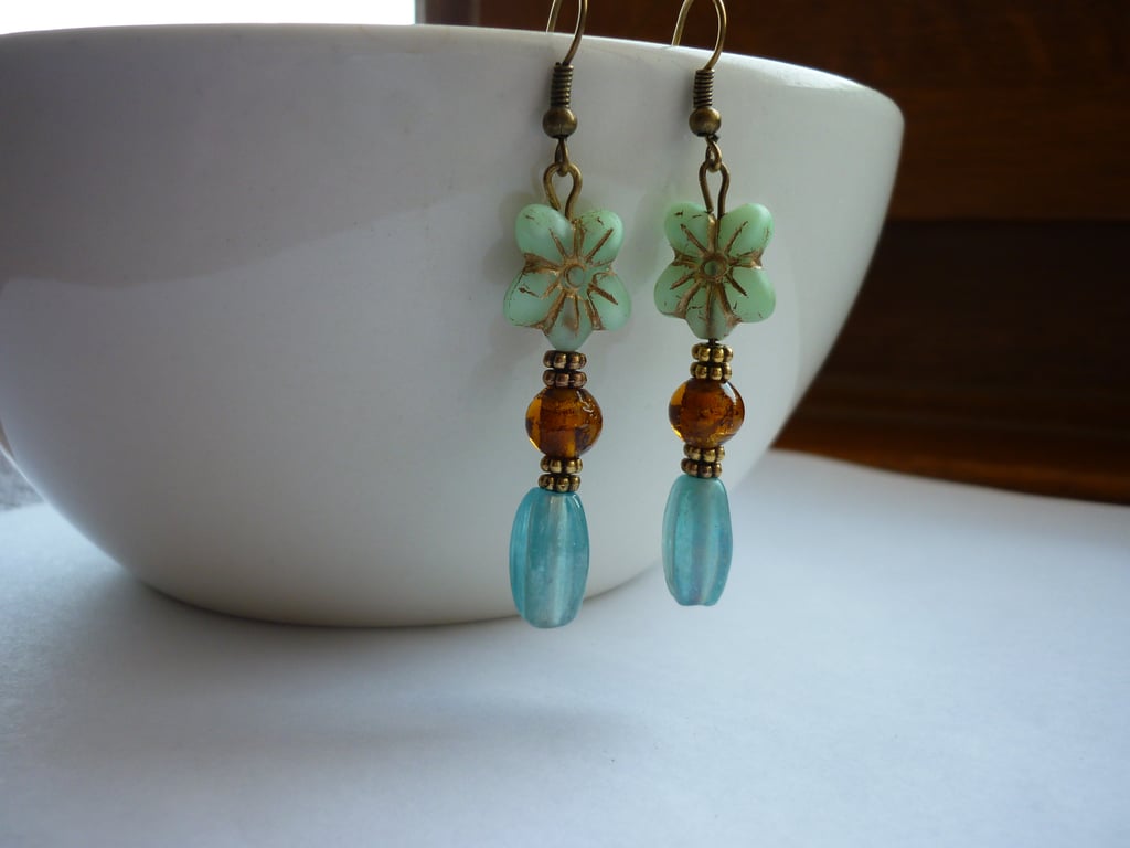AQUA, TURQUOISE, GOLDEN AMBER AND BRONZE - FLOWER DROP EARRINGS.