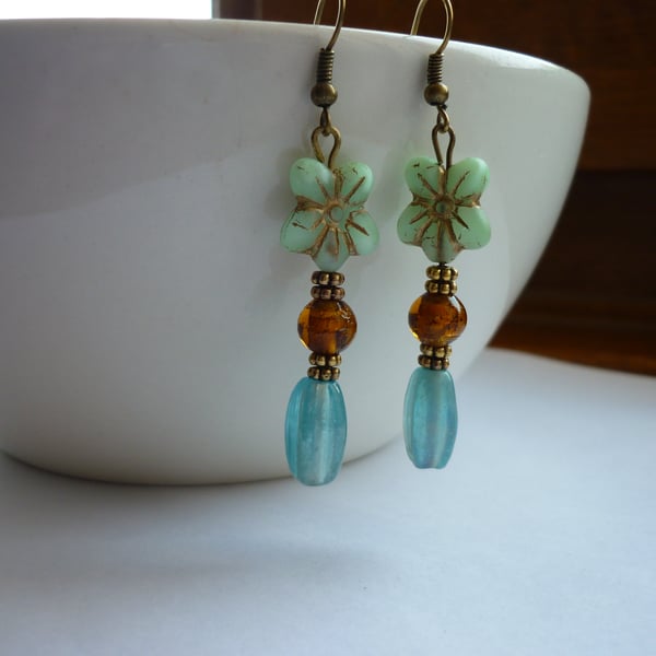 AQUA, TURQUOISE, GOLDEN AMBER AND BRONZE - FLOWER DROP EARRINGS.