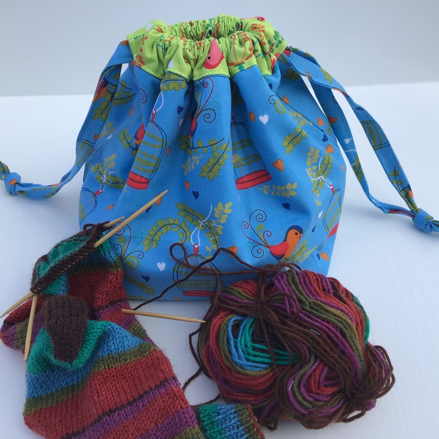 Sock Knitting or Crochet Drawstring Bag - Blue and Green Bird and Bird Cages