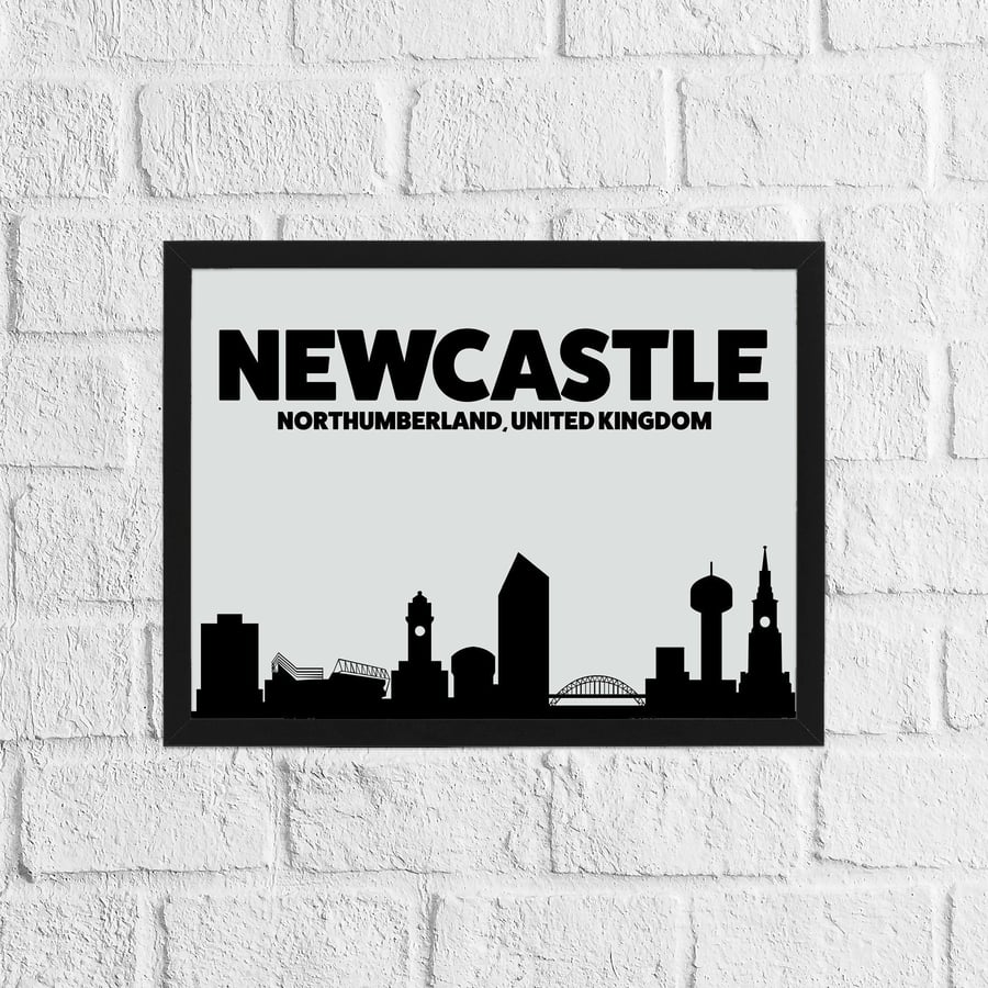 Skyline silhouette of Newcastle, Northumberland, UK, grey and black print